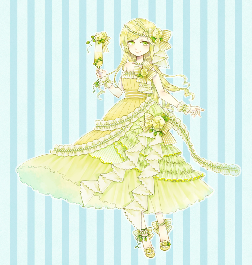 1girl alcohol bare_shoulders blonde_hair bow bracelet braid champagne champagne_flute crown_braid cup dress drinking_glass flower frilled_dress frills full_body green_eyes hair_bow hair_flower hair_ornament highres jewelry looking_at_viewer necklace original pearl_necklace pocketland smile solo standing striped striped_background striped_bow toono_(kanagawa) vertical_stripes