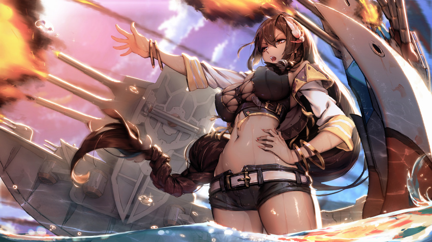 &gt;:o 1girl :o absurdres bare_shoulders bilan_hangxian bracelet braid breasts brown_eyes brown_hair cowgirl_position crop_top detached_sleeves erect_nipples firing hair_between_eyes hair_ornament han-0v0 hand_on_hip highres jewelry large_breasts long_hair navel ocean open_mouth outstretched_arm partially_submerged short_shorts shorts side_braid single_braid skindentation solo south_dakota_(bilan_hangxian) stomach straddling turret very_long_hair wet