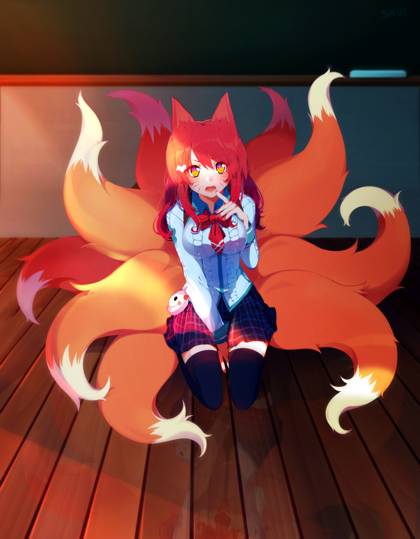 1girl absurdres academy_ahri ahri animal_ears black_legwear breasts fang fox_ears fox_tail hair_ornament hairclip heart_hair_ornament highres large_breasts league_of_legends long_hair looking_at_viewer multiple_tails nail_polish open_mouth redhead savi_(byakushimc) school_uniform seiza sitting skirt solo tail thigh-highs whisker_markings yellow_eyes
