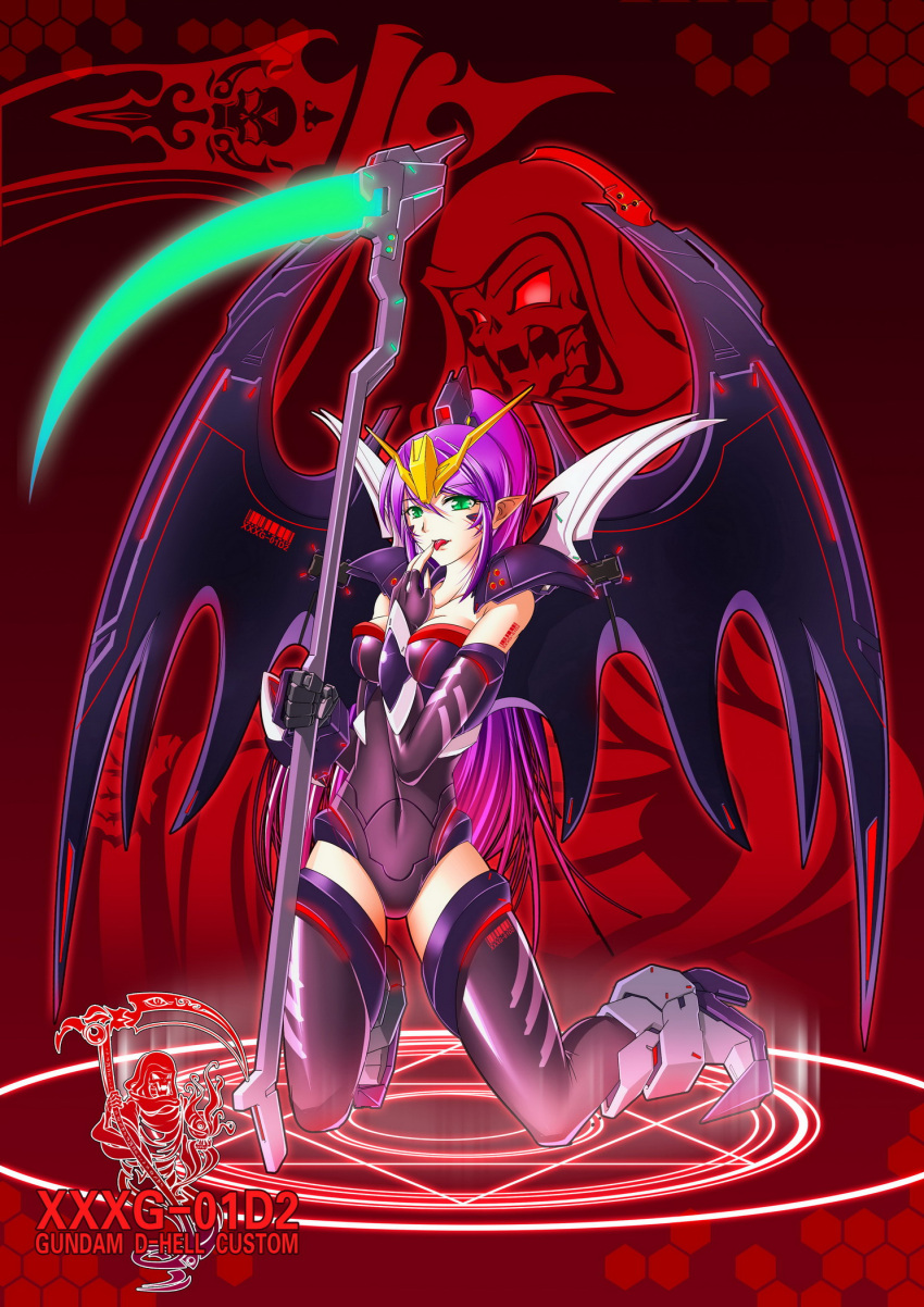 1girl armor bat_wings beam_scythe covered_navel death_(entity) finger_licking green_eyes gundam gundam_deathscythe_hell_custom gundam_wing gundam_wing_endless_waltz highres licking magic_circle mecha_musume mechanical_wings pointy_ears purple_hair scythe skin_tight thigh-highs tongue tongue_out wings yin_gren