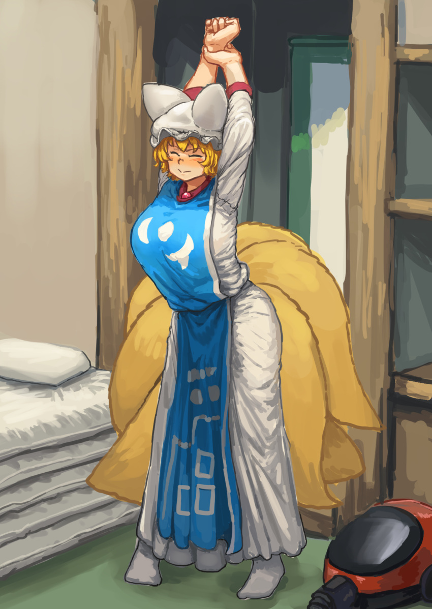 1girl adapted_costume arms_up bangs bed blonde_hair blush breasts chanta_(ayatakaoisii) closed_eyes commentary fox_tail full_body hat highres huge_breasts indoors long_skirt long_sleeves multiple_tails no_shoes nose_blush pillow pillow_hat shirt short_hair skirt smile solo stretch tabard tabi tail touhou vacuum_cleaner white_legwear white_shirt white_skirt yakumo_ran
