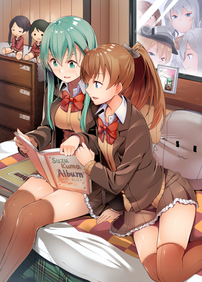 6+girls admiral_(kantai_collection) aqua_eyes aqua_hair blonde_hair blue_eyes bow bowtie breasts brown_blazer brown_hair brown_jacket brown_legwear brown_shorts brown_skirt byte_(allbyte) character_doll chest_of_drawers commentary_request epaulettes frilled_skirt frills hair_ornament hairclip hamakaze_(kantai_collection) hat highres indoors kantai_collection kashima_(kantai_collection) kumano_(kantai_collection) long_hair long_sleeves looking_inside mattress medium_breasts mikuma_(kantai_collection) mogami_(kantai_collection) multiple_girls on_bed one_eye_closed peaked_cap photo_(object) pillow pleated_skirt ponytail prinz_eugen_(kantai_collection) reading red_bow red_bowtie red_shirt remodel_(kantai_collection) rensouhou-chan ryuujou_(kantai_collection) school_uniform serafuku shirt short_hair shorts silver_hair sitting sitting_on_bed skirt suzuya_(kantai_collection) thigh-highs twintails white_shirt window