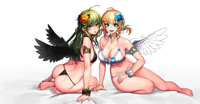 2girls :d :p ahoge angel angel_and_devil angel_wings arm_support armlet ass back bangs bare_arms bare_legs bare_shoulders barefoot bead_bracelet beads bikini black_bikini black_wings blonde_hair blue_bow blue_eyes blue_flower blush bow bow_bikini bracelet braid breasts cain_(grt1125) choker cleavage collarbone commentary demon eyebrows_visible_through_hair fang feathered_wings feet fingernails flower from_behind front-tie_bikini front-tie_top full_body green_hair hair_between_eyes hair_flower hair_ornament hand_on_lap highres jewelry large_breasts long_hair looking_at_viewer looking_back midriff multiple_girls navel necklace on_bed open_mouth orange-flower original scrunchie short_hair side_braid sitting sitting_on_bed small_breasts smile soles spread_wings stomach swimsuit thong thong_bikini toenails toes tongue tongue_out two_side_up wavy_hair white_bikini white_wings wings wrist_scrunchie yokozuwari