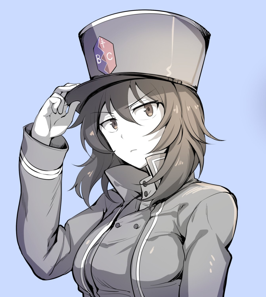 1girl blue_background closed_mouth girls_und_panzer greyscale hat hat_tip highres ikomochi jacket long_hair monochrome open_clothes open_jacket shako_cap simple_background upper_body
