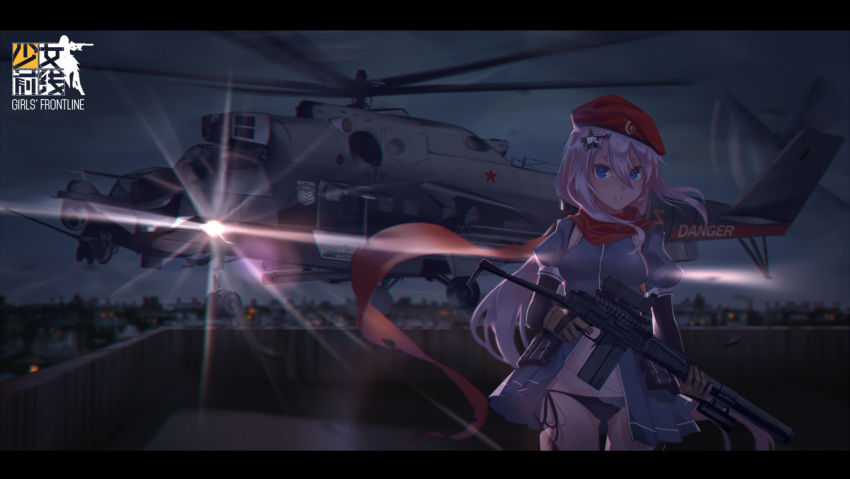 1girl 9a-91 9a-91_(girls_frontline) aircraft assault_rifle beret bikini black_bikini_bottom black_gloves blue_eyes breasts brown_gloves copyright_name girls_frontline gloves gun hair_between_eyes hat helicopter highres holding holding_gun holding_weapon letterboxed litra_(ltr0312) long_hair looking_at_viewer medium_breasts night outdoors parted_lips pink_hair puffy_short_sleeves puffy_sleeves rifle short_sleeves side-tie_bikini silver_hair solo suppressor swimsuit weapon