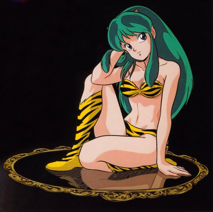 1girl 80s animal_print bikini blue_eyes boots eyeshadow full_body green_eyes green_hair hand_behind_head highres horns light_smile long_hair looking_at_viewer lum makeup mirror navel official_art oldschool oni pointy_ears reflection sidelocks solo swimsuit tiger_print urusei_yatsura