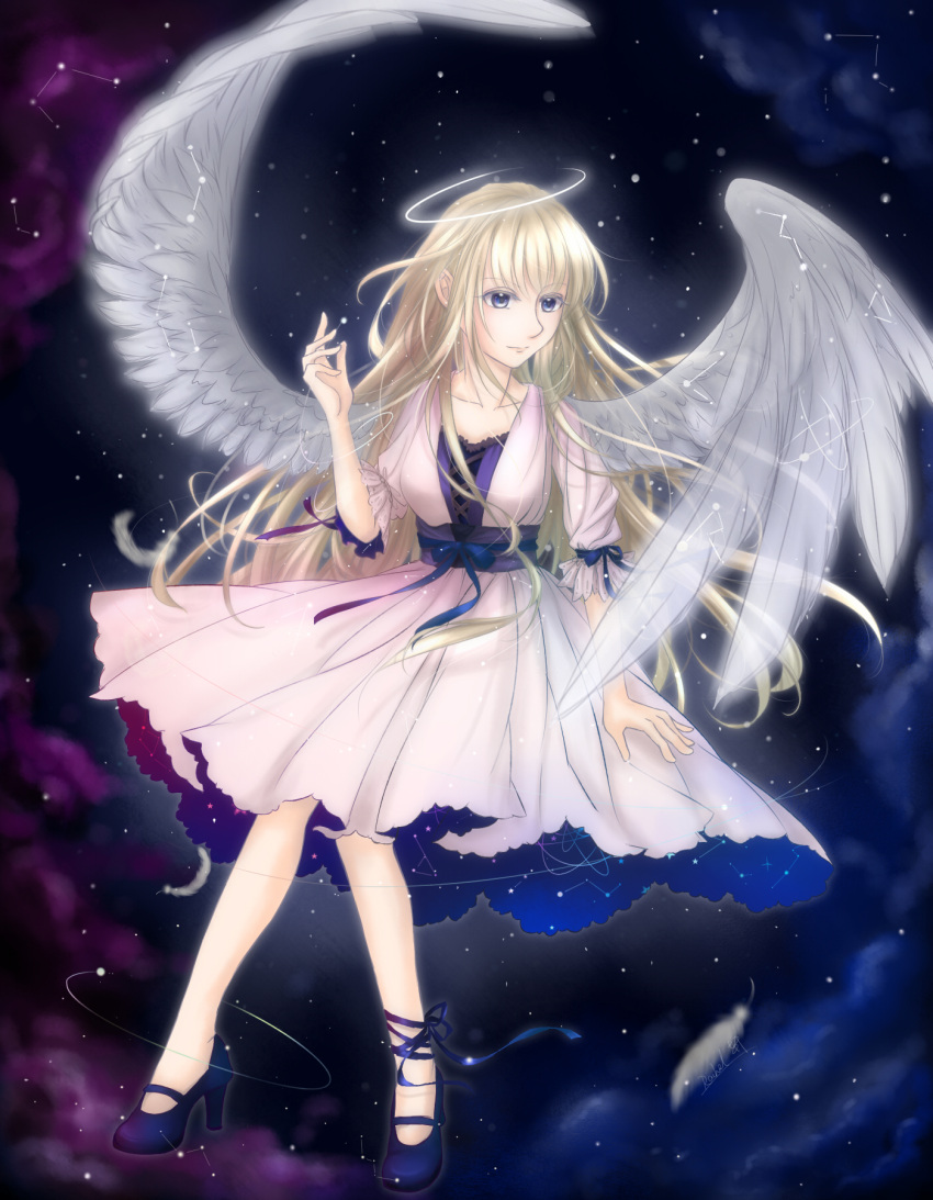 1girl angel black_shoes blonde_hair blue_eyes constellation dress halo hanruoxiyue high_heels highres long_hair original shoes sky solo star_(sky) starry_sky white_dress white_feathers