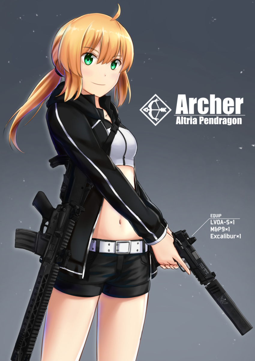 1girl ahoge alternate_hairstyle artoria_pendragon_(swimsuit_archer)_(fate) assault_rifle bangs belt belt_buckle black_jacket black_shorts blonde_hair breasts buckle character_name closed_mouth collarbone commentary_request cowboy_shot eyebrows_visible_through_hair fate/grand_order fate/stay_night fate_(series) gradient gradient_background green_eyes gun hair_ornament hair_tie handgun highres holding holding_gun holding_weapon hood hood_down hooded_jacket hoodie jacket long_hair long_sleeves looking_at_viewer low_ponytail midriff navel open_clothes open_hoodie pistol rifle saamon_(railgun0522) saber scope short_shorts shorts sidelocks small_breasts smile solo standing stomach suppressor trigger_discipline weapon white_belt