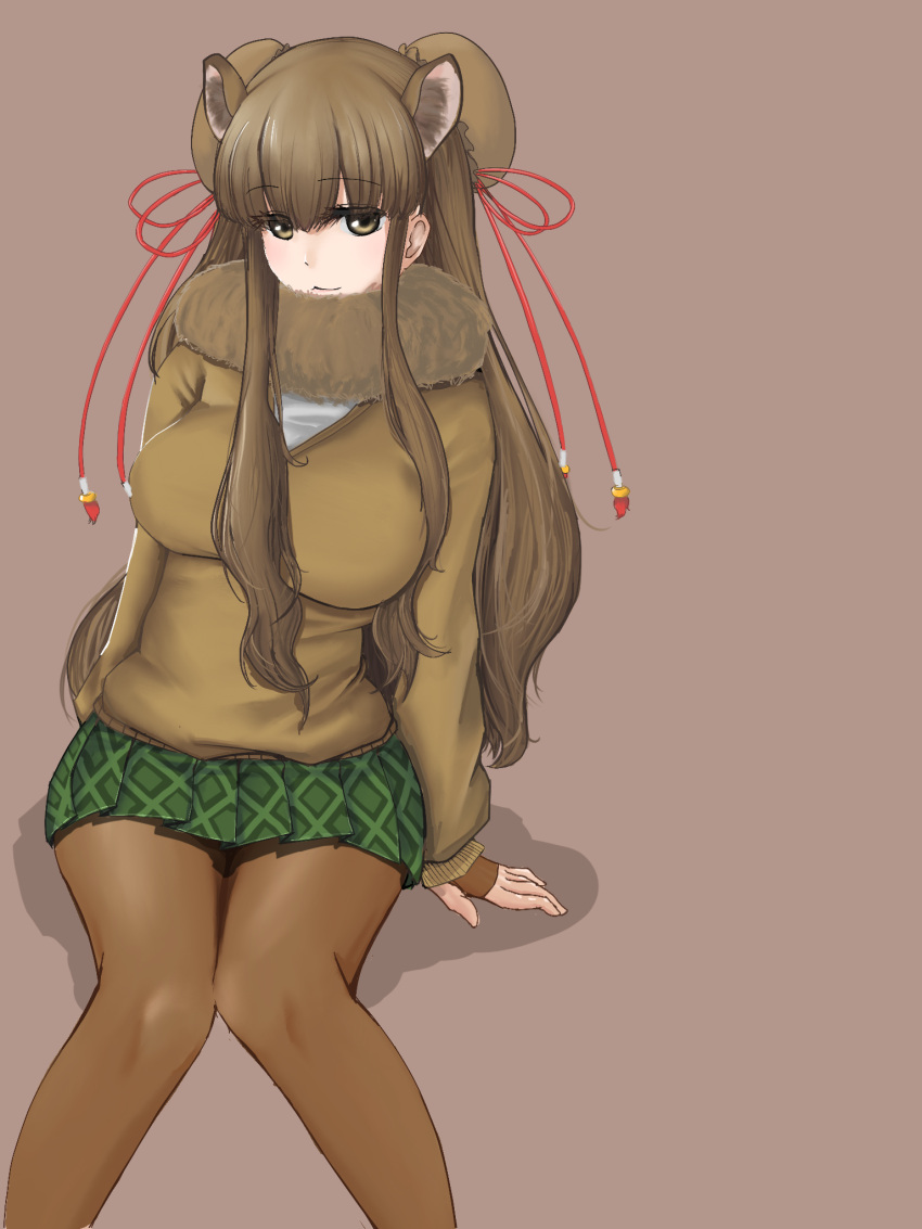 1girl bactrian_camel_(kemono_friends) breasts brown_background brown_eyes brown_hair camel_ears double_bun fur_trim hair_and_beard highres kemono_friends large_breasts long_hair pantyhose pleated_skirt simple_background sitting skirt solo wavy_hair