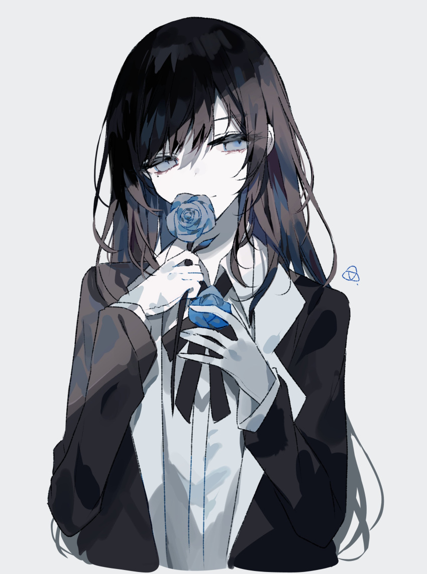 1girl absurdres ado_(utaite) black_bow black_bowtie black_coat black_hair blue_eyes blue_flower blue_rose bow bowtie chandelier chando_(ado) closed_mouth cloud_nine_inc coat collared_shirt commentary cropped_torso dress_shirt flower flower_brooch gloves grey_background highres holding holding_flower ichigo_kezuri long_hair long_sleeves looking_at_viewer mole mole_under_eye open_clothes open_coat rose shade shadow shirt sidelocks simple_background solo upper_body utaite white_gloves white_shirt