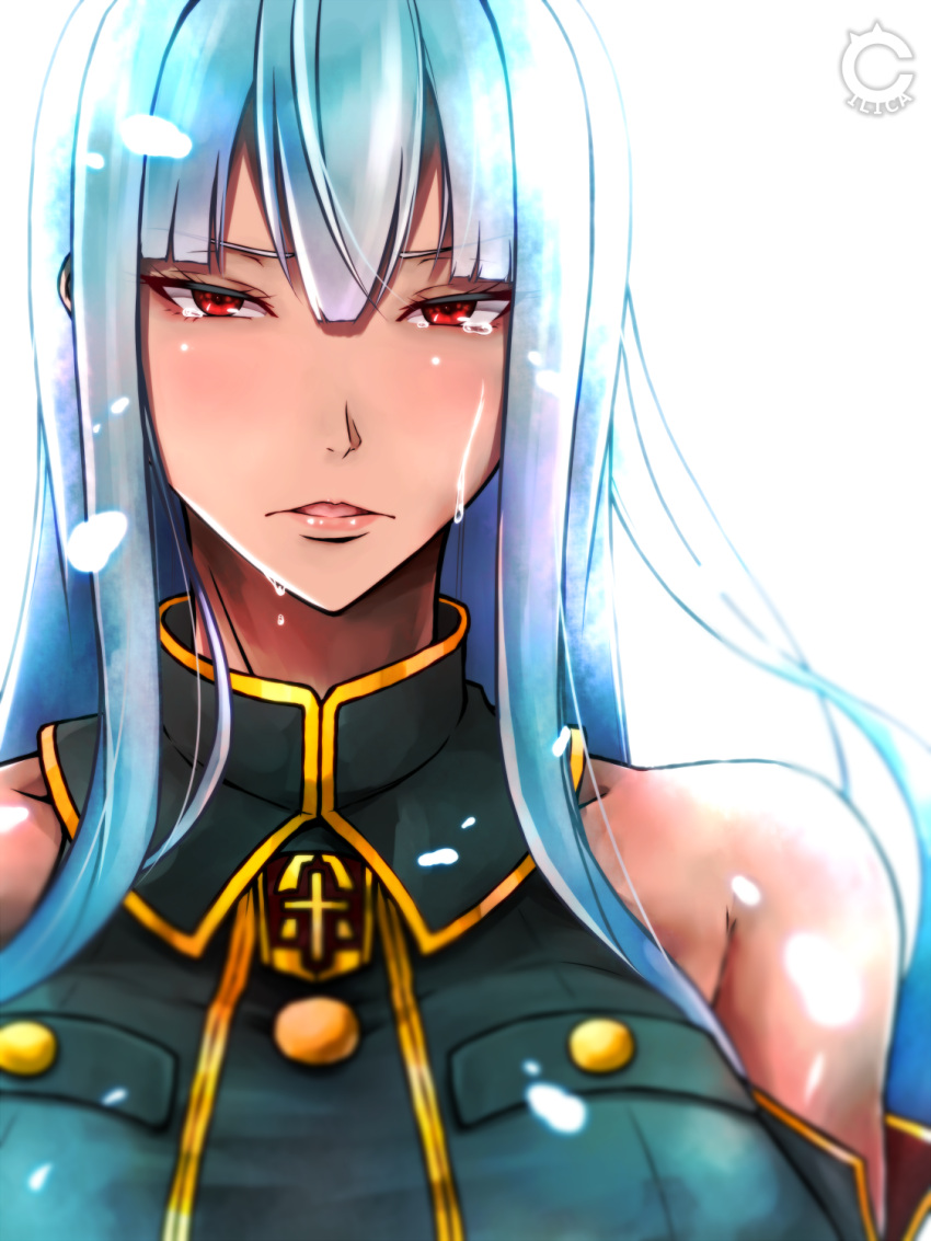 1girl bangs bare_shoulders blush breasts cilica crying crying_with_eyes_open frown highres large_breasts long_hair looking_at_viewer military military_uniform parted_lips red_eyes selvaria_bles senjou_no_valkyria silver_hair sleeveless solo tears tsurime uniform upper_body