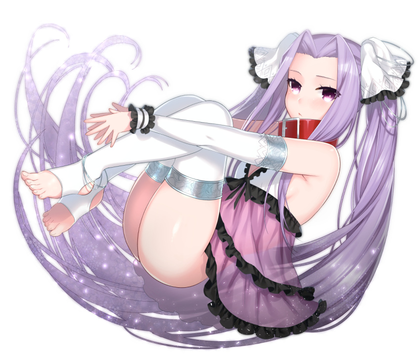 1girl anoshabu babydoll bangs collar detached_sleeves expressionless fate/grand_order fate_(series) floating_hair forehead full_body legs_together looking_at_viewer medusa_(lancer)_(fate) parted_bangs purple_hair rider sidelocks simple_background solo thigh-highs thighs toeless_legwear toes twintails v_arms violet_eyes white_background white_legwear