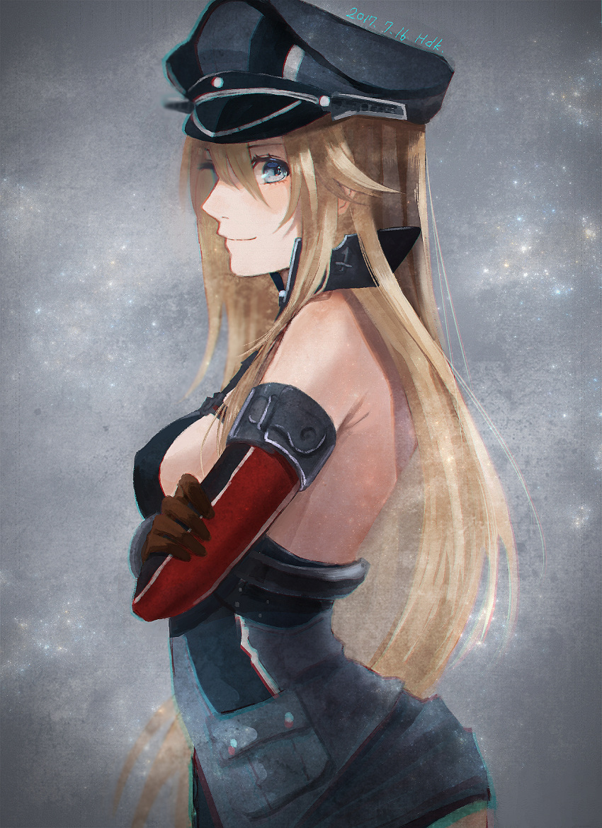 1girl anchor_choker armlet artist_name bare_back bare_shoulders bismarck_(kantai_collection) black_dress blonde_hair blue_eyes breasts brown_gloves closed_mouth collar commentary_request cowboy_shot crossed_arms dated dress elbow_gloves eyebrows_visible_through_hair eyelashes from_side gloves gorget haduki_tohru hair_between_eyes hat highres kantai_collection long_hair looking_at_viewer medium_breasts microdress military military_uniform peaked_cap pocket shirt sleeveless sleeveless_dress smile solo standing uniform