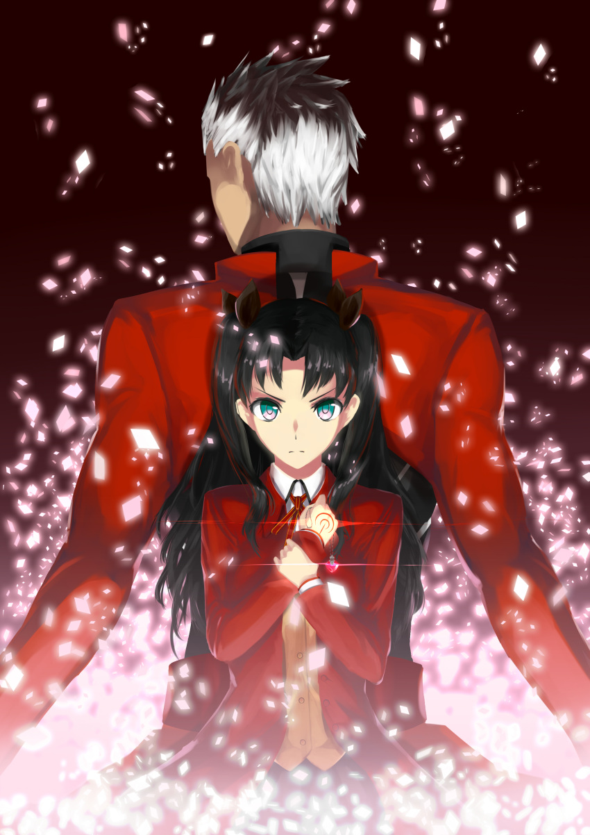 1boy 1girl absurdres archer back-to-back black_hair black_ribbon blue_eyes brown_shirt ccjn dress_shirt fate/stay_night fate_(series) hair_ribbon highres holding_necklace jacket looking_at_viewer neck_ribbon red_jacket red_ribbon ribbon shirt short_hair silver_hair standing tattoo tohsaka_rin two_side_up upper_body very_short_hair