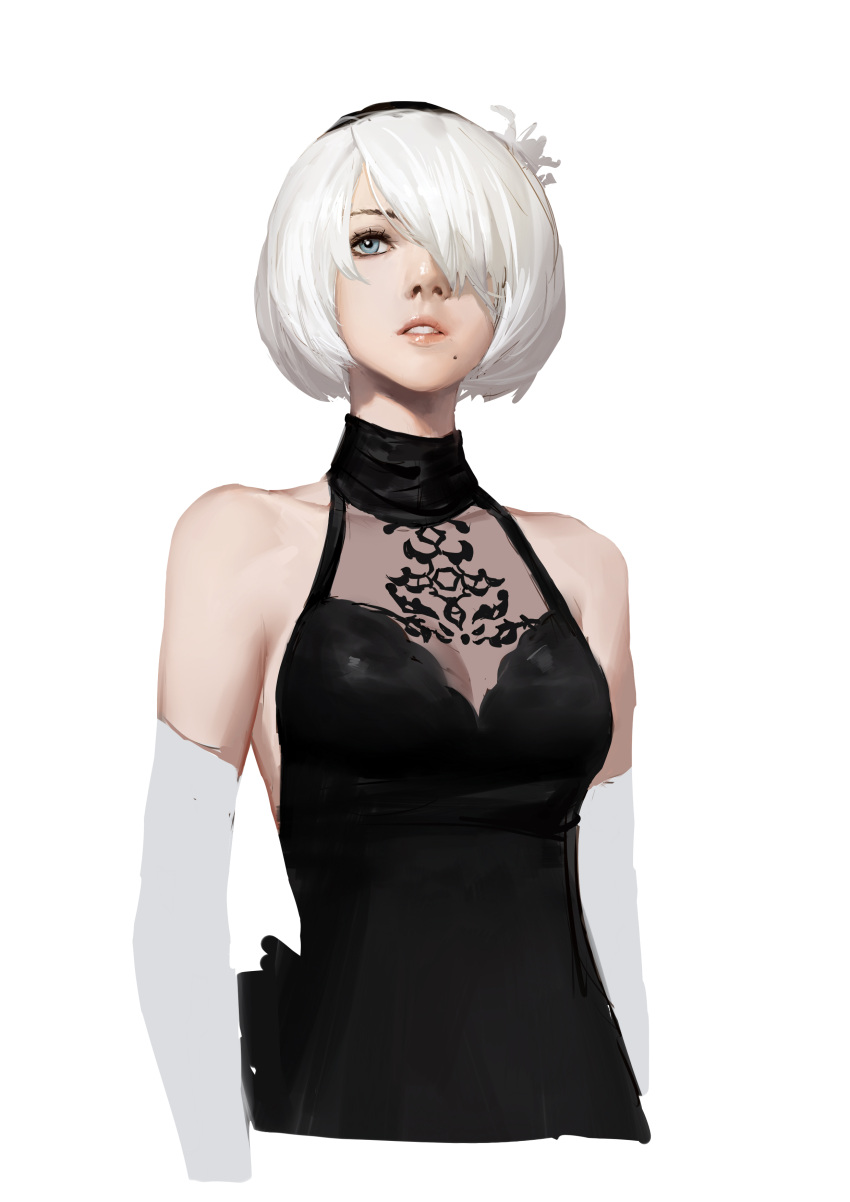 1girl absurdres bare_shoulders blindfold_removed blue_eyes breasts cleavage elbow_gloves flower gloves gods_(1073337800) hair_flower hair_ornament hair_over_one_eye hairband highres medium_breasts mole mole_under_mouth nier_(series) nier_automata parted_lips see-through short_hair simple_background sleeveless solo upper_body white_background white_gloves white_hair yorha_no._2_type_b