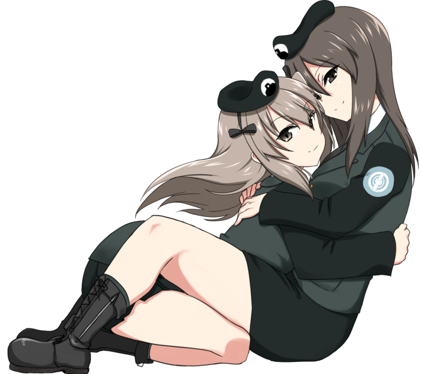 2girls alternate_costume bangs beret black_footwear black_hat black_jacket black_neckwear black_ribbon black_skirt boots brown_eyes brown_hair closed_mouth cross-laced_footwear emblem eyebrows_visible_through_hair from_side full_body girls_und_panzer hair_ribbon hat hikyakuashibi hug jacket japanese_tankery_league_(emblem) kneeling lace-up_boots leaning_forward light_brown_hair long_hair long_sleeves looking_at_viewer mika_(girls_und_panzer) military military_hat military_uniform miniskirt multiple_girls necktie pencil_skirt pleated_skirt ribbon selection_university_(emblem) selection_university_military_uniform shimada_arisu simple_background skirt smile straddling uniform white_background