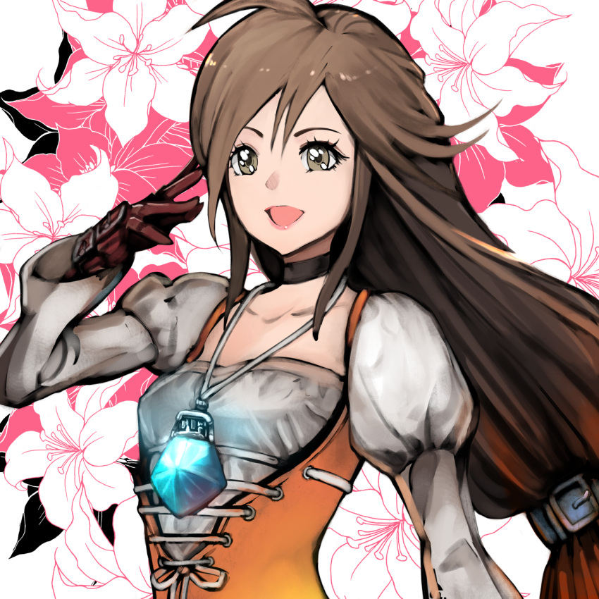 1girl :d black_choker breasts brown_eyes brown_hair chienon choker final_fantasy final_fantasy_ix floral_background flower garnet_til_alexandros_xvii gloves hand_up highres jewelry juliet_sleeves lily_(flower) long_hair long_sleeves low-tied_long_hair necklace open_mouth puffy_sleeves red_gloves small_breasts smile solo upper_body very_long_hair