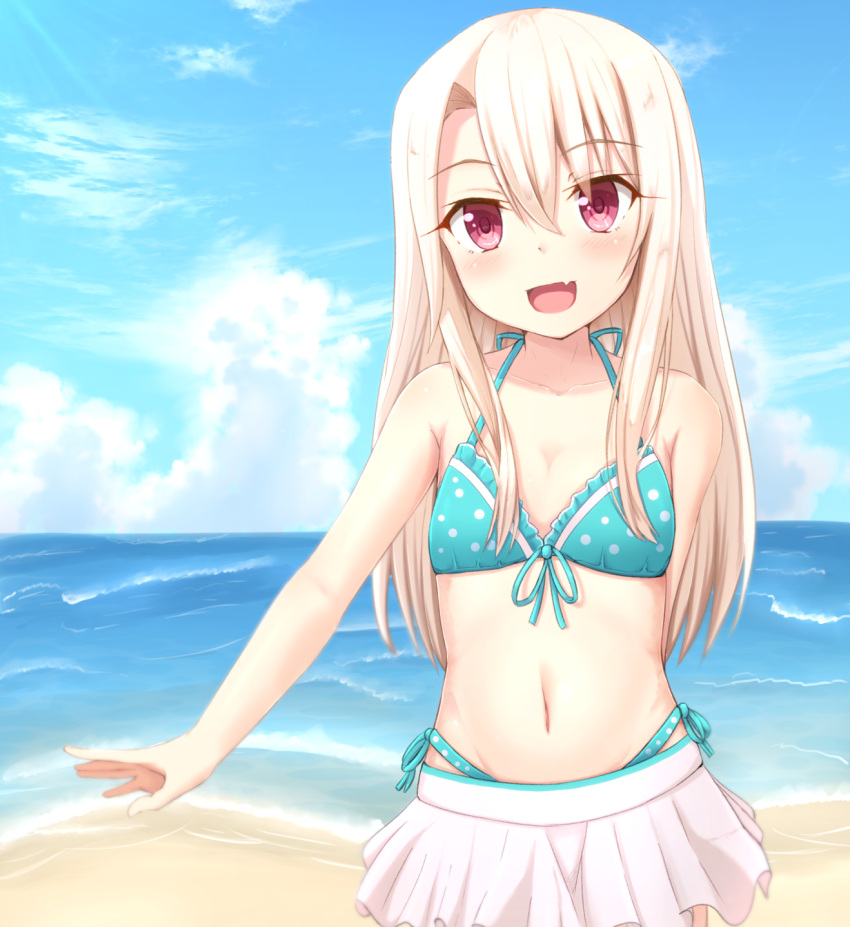 1girl :d aqua_bikini arm_behind_back bare_shoulders beach bikini blonde_hair blue_sky breasts clouds collarbone commentary cowboy_shot day eyebrows_visible_through_hair fang fate/kaleid_liner_prisma_illya fate_(series) hair_between_eyes highres hippo_(hirople) illyasviel_von_einzbern long_hair looking_at_viewer navel open_mouth outdoors red_eyes side-tie_bikini skirt sky small_breasts smile solo swimsuit water white_skirt