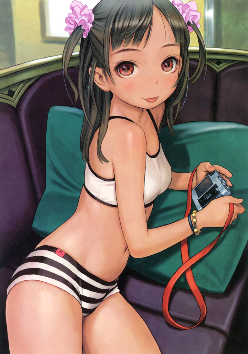 1girl :p absurdres bare_shoulders boyshorts bra bracelet breasts brown_hair camera copyright_request cropped hair_ornament highres jewelry long_hair looking_at_viewer lying midriff murata_renji navel on_side reclining scan small_breasts solo striped_boyshorts tongue tongue_out training_bra two_side_up underwear violet_eyes white_bra wristband