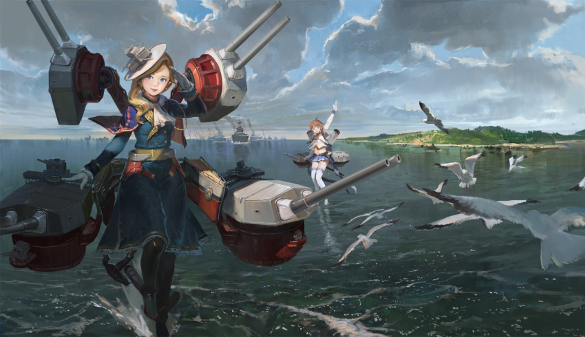 2girls :d aiguillette aircraft_carrier anchor bangs battleship beach belt bilan_hangxian bird black_legwear blonde_hair blue_eyes brown_hair buttons capelet clouds cloudy_sky commentary_request earrings elbow_gloves enterprise_(hms)_(bilan_hangxian) fleet frill_trim frills full_body fur_trim gloves hat headgear highres hood_(bilan_hangxian) jeanex jewelry long_sleeves looking_afar looking_at_viewer midriff military military_uniform military_vehicle miniskirt multiple_girls navel ocean on_water one_leg_raised open_mouth outdoors pantyhose pleated_skirt rigging rocket_launcher salute seagull ship shoes short_hair skirt sky sleeveless smile smoke smokestack swept_bangs thigh-highs traditional_media trench_coat turret uniform wake warship water watercraft waving wavy_hair weapon white_gloves white_legwear