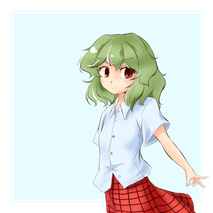 1girl arms_behind_back blue_background commentary cowboy_shot green_hair highres kazami_yuuka kys_(k-k2) looking_at_viewer no_vest plaid plaid_skirt red_eyes shirt short_hair short_sleeves simple_background skirt smile solo touhou untucked_shirt v white_shirt