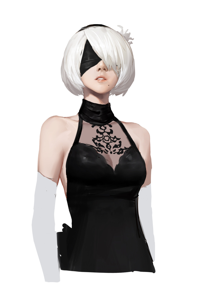 1girl absurdres bare_shoulders blindfold breasts cleavage elbow_gloves flower gloves gods_(1073337800) hair_flower hair_ornament hairband highres medium_breasts mole mole_under_mouth nier_(series) nier_automata parted_lips see-through short_hair simple_background sleeveless solo upper_body white_background white_gloves white_hair yorha_no._2_type_b