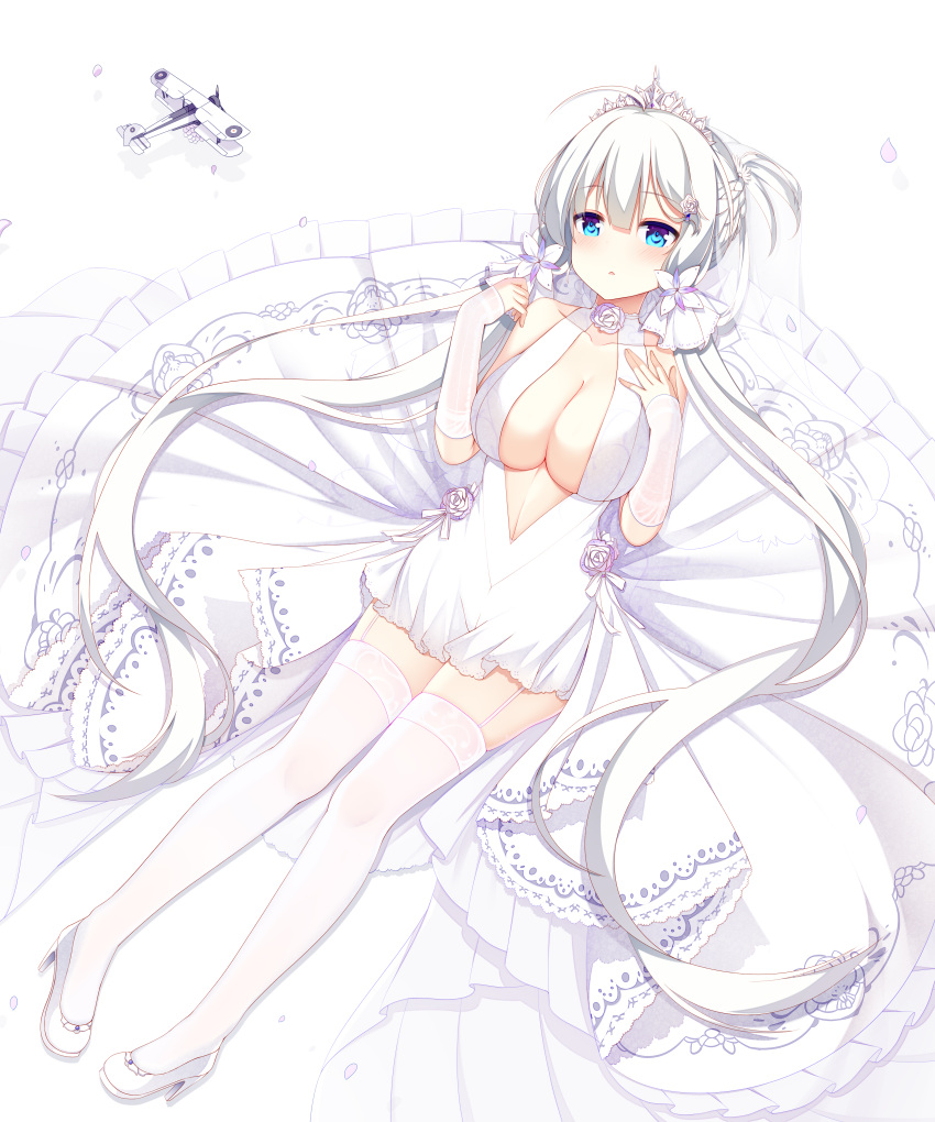 1girl :&lt; absurdres aircraft airplane bilan_hangxian blue_eyes blush braid breasts center_opening cleavage collarbone dress eyebrows_visible_through_hair flower french_braid gloves hair_flower hair_ornament high_heels highres illustrious_(bilan_hangxian) jyt large_breasts long_hair lying no_bra on_back open_mouth petals solo thigh-highs tiara very_long_hair white_dress white_gloves white_hair white_legwear