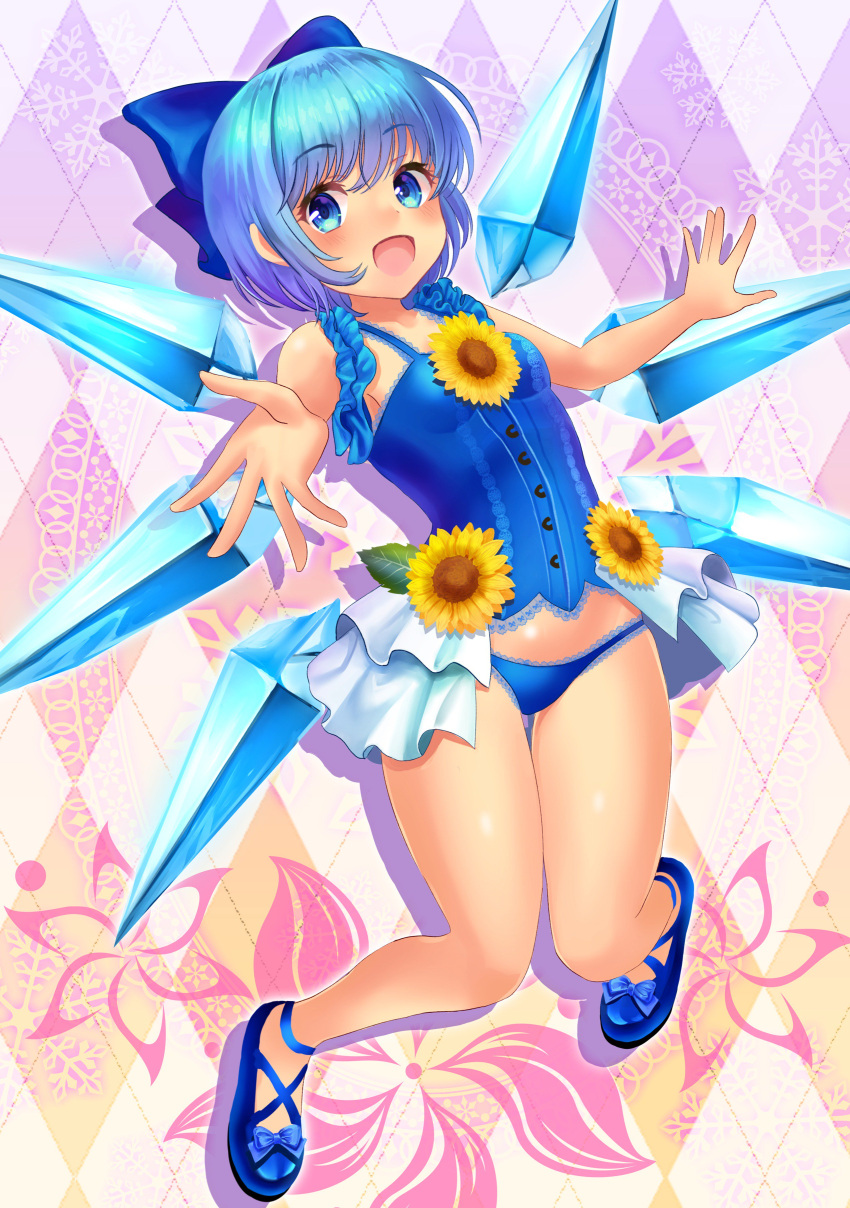 1girl :d absurdres alternate_costume bangs bare_arms bare_shoulders blue_bow blue_eyes blue_hair blue_panties blush bow breasts camisole cirno flower foreshortening full_body hair_bow highres ice ice_wings lace lace-trimmed_panties lace_trim looking_at_viewer open_mouth panties short_hair small_breasts smile solo sunflower touhou uemura_shun underwear wings