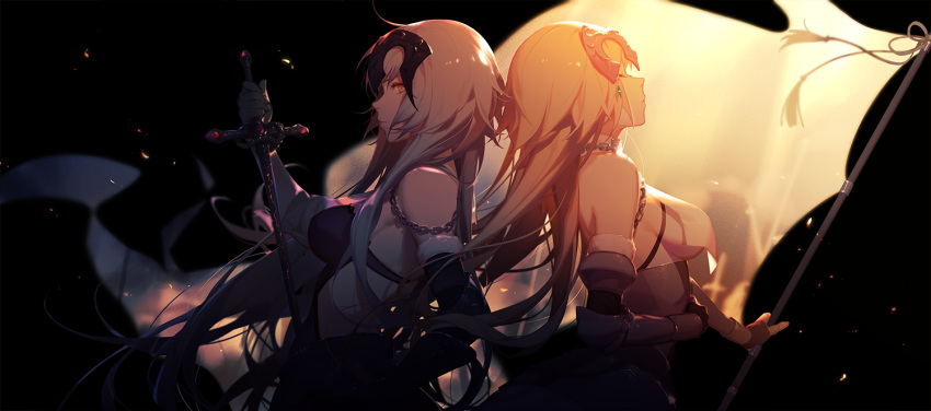 2girls armor armored_dress ask_(askzy) back-to-back black_background blonde_hair blurry breasts closed_eyes closed_mouth commentary_request depth_of_field elbow_gloves fate/apocrypha fate/grand_order fate_(series) gauntlets gloves grey_hair headpiece holding holding_flag holding_sword holding_weapon jeanne_alter large_breasts long_hair medium_breasts multiple_girls orange_eyes revision ruler_(fate/apocrypha) shiny shiny_hair shiny_skin sideboob simple_background standard_bearer sword upper_body vambraces weapon yellow_eyes