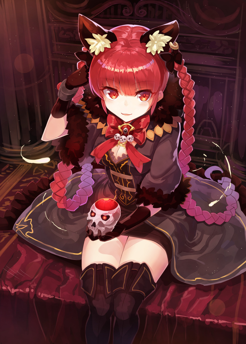 1girl absurdres alternate_costume animal_ears bangs black_boots black_gloves blunt_bangs boots bow bowtie braid breasts cat_ears cleavage commentary_request earrings fur_trim gloves gradient_hair hair_bow highres jewelry kaenbyou_rin long_hair looking_at_viewer medium_breasts multicolored_hair puffy_sleeves purple_hair red_bow red_bowtie red_eyes redhead rin_falcon shiny shiny_hair sitting skull smile solo touhou twin_braids very_long_hair