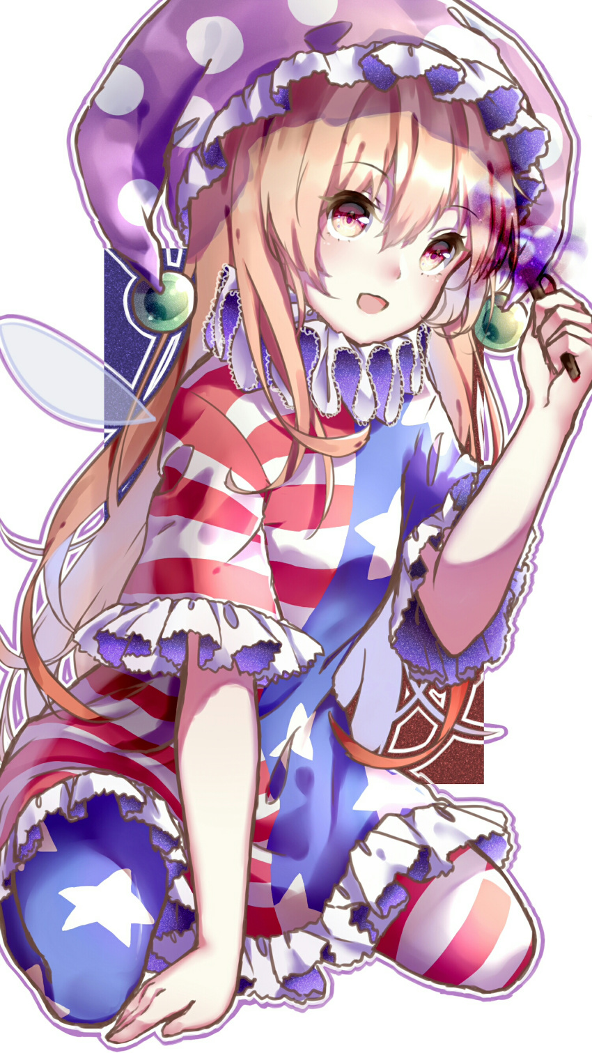 1girl absurdres american_flag_dress american_flag_legwear arm_support blonde_hair clownpiece dress fairy_wings fire hair_between_eyes hat highres holding jester_cap long_hair neck_ruff open_mouth pantyhose polka_dot red_eyes short_dress short_sleeves simple_background sitting smile solo star star_print striped torch touhou very_long_hair wariza white_background wings yilocity