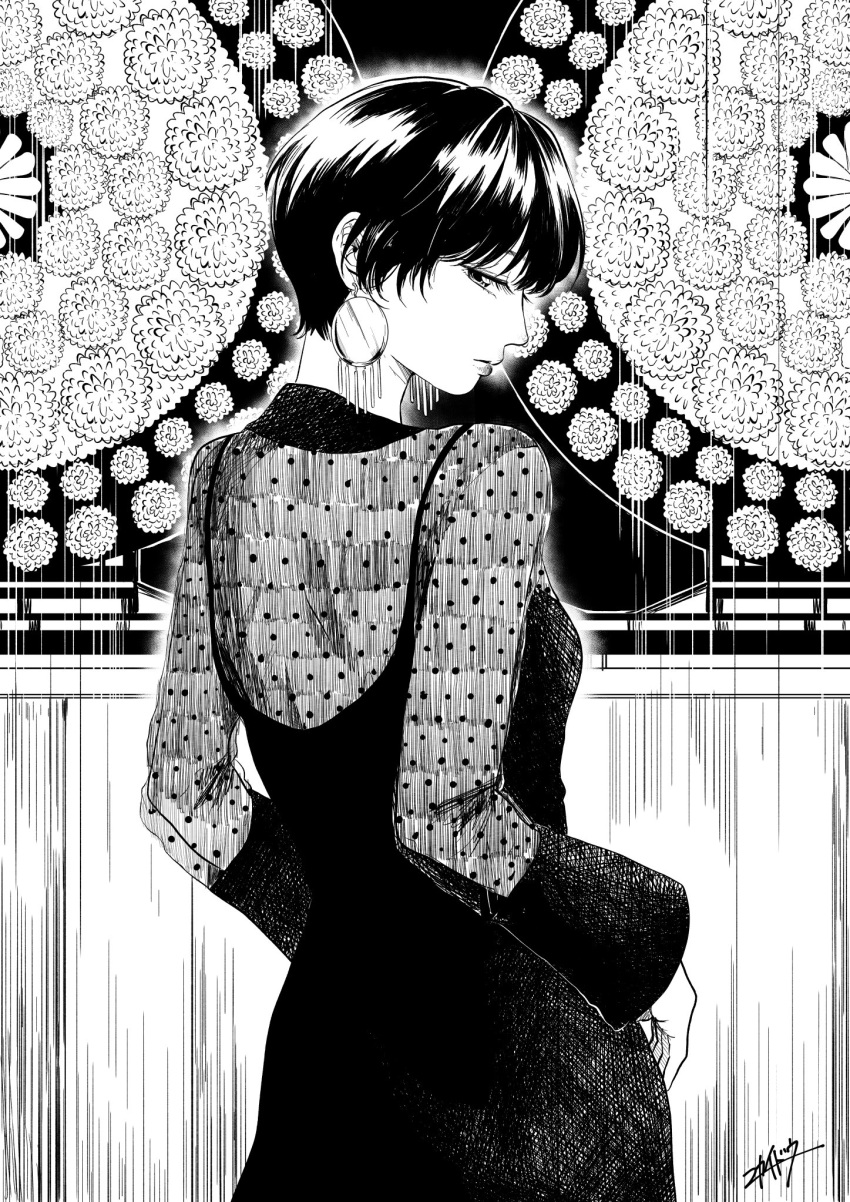 1girl artist_signature bangs breasts commentary_request cowboy_shot dress earrings expressionless eyelashes greyscale highres jewelry looking_at_viewer looking_back monochrome nikaidou_kou original puffy_sleeves short_hair small_breasts solo