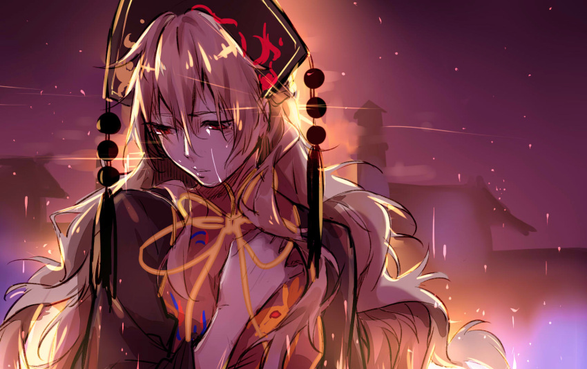 1girl aura backlighting bangs black_dress blonde_hair building chinese_clothes dress hair_between_eyes hand_on_own_chest hat highres junko_(touhou) kagari6496 light_particles light_trail long_hair long_sleeves night outdoors purple purple_sky red_eyes ribbon sad shiny shiny_hair single_tear sketch solo tabard tassel touhou upper_body very_long_hair