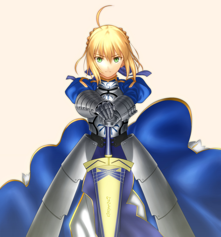 1girl af_1201 ahoge armor armored_dress blue_dress dress eyebrows_visible_through_hair fate/stay_night fate_(series) gauntlets green_eyes hair_between_eyes highres holding holding_sword holding_weapon saber short_hair simple_background solo sword weapon white_background