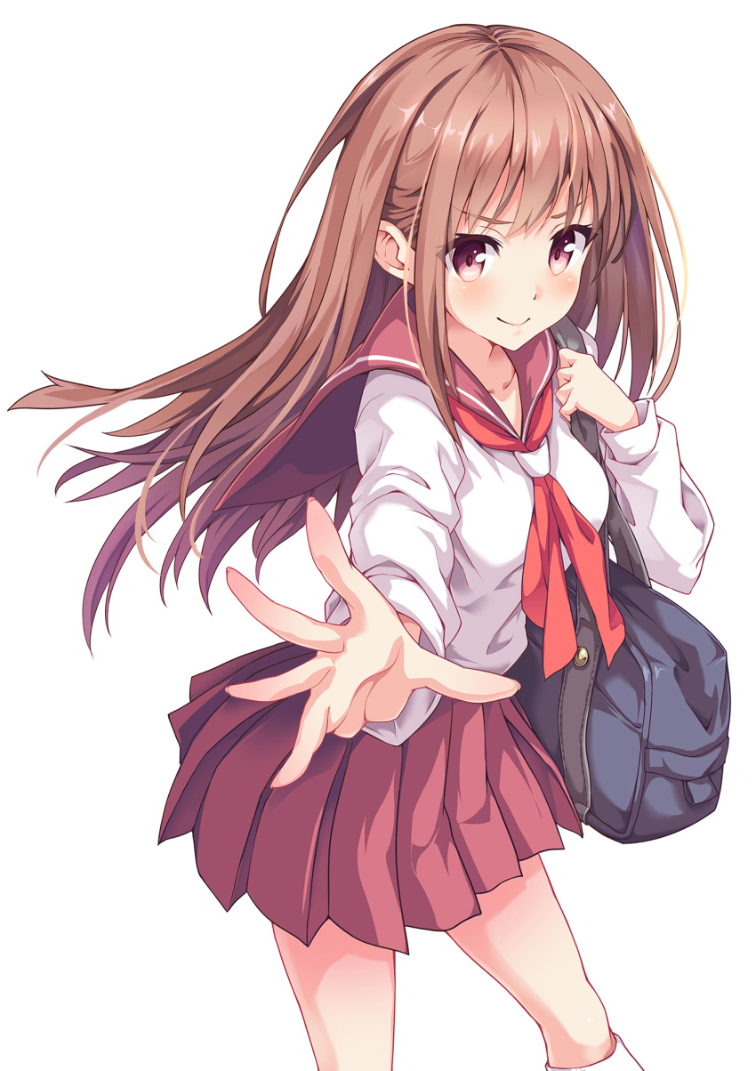 1girl bag bangs blouse blush breasts brown_hair closed_mouth collarbone cowboy_shot eyebrows eyebrows_visible_through_hair fingernails fingers hand_up highres hinoki_yuu kneehighs long_fingernails long_hair looking_at_viewer medium_breasts miniskirt neckerchief original outstretched_arm pleated_skirt reaching reaching_out red_sailor_collar red_skirt sailor_collar school_bag school_uniform serafuku shoulder_bag simple_background skirt smile solo spread_fingers standing violet_eyes white_background white_legwear