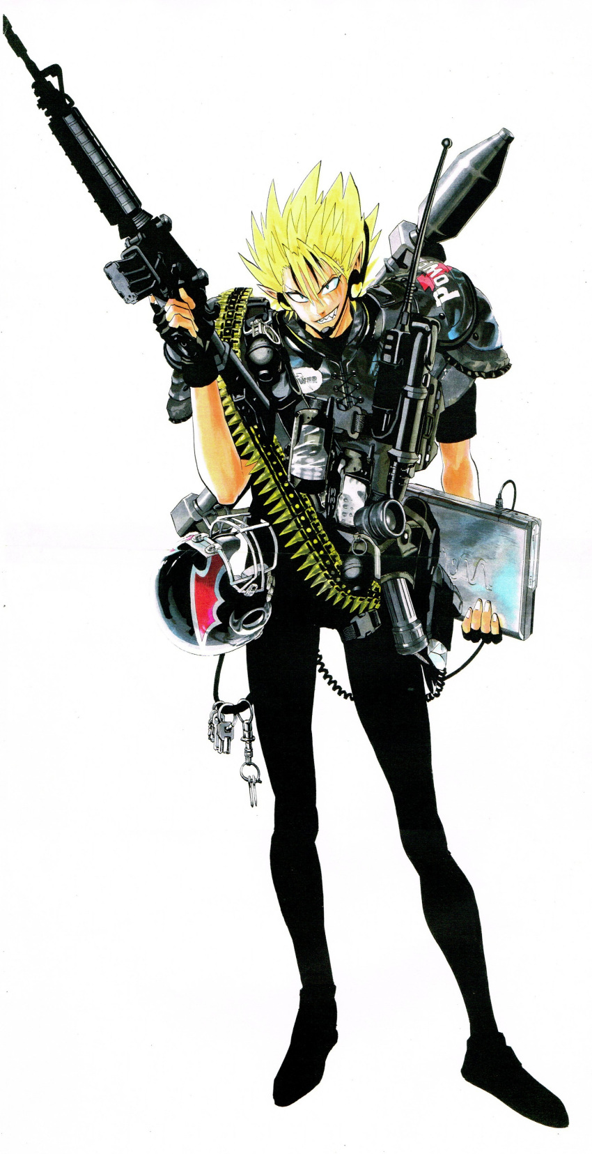 1boy absurdres ammunition_belt assault_rifle bangs black_pants blonde_hair blue_eyes bullet commentary_request computer explosive eyeshield_21 fingerless_gloves football_helmet football_uniform full_body gloves grenade grin gun hair_between_eyes helmet highres hiruma_youichi holding holding_gun holding_weapon key laptop looking_at_viewer m16 murata_yuusuke pants pointy_ears pointy_hair rifle rocket_launcher scan sharp_teeth simple_background slit_pupils smile solo sportswear standing teeth walkie-talkie weapon white_background