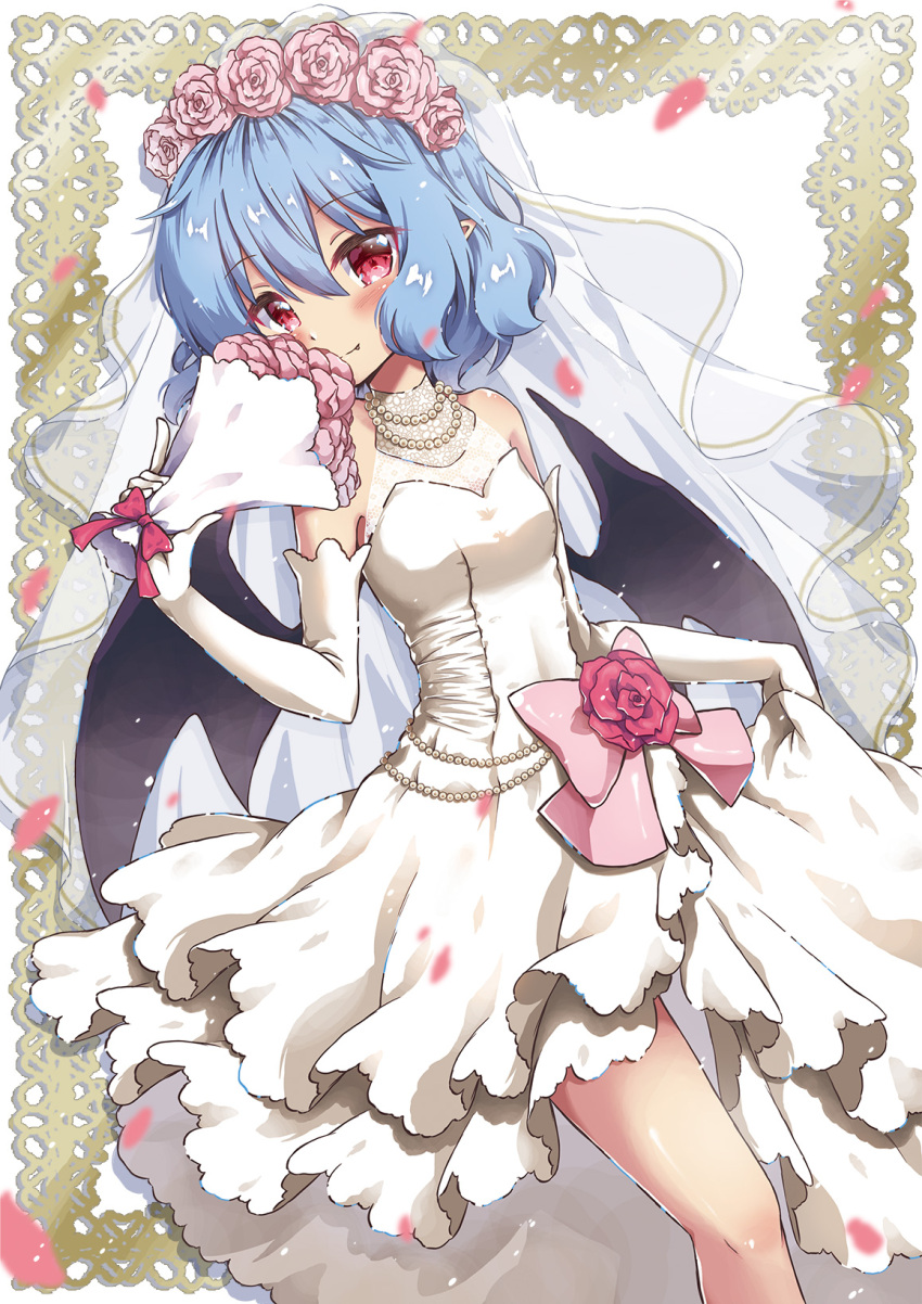 1girl beni_kurage blush bouquet bow bridal_veil closed_mouth dress eyebrows_visible_through_hair flower highres holding holding_bouquet lavender_hair looking_at_viewer pink_bow pink_rose red_eyes remilia_scarlet rose short_hair smile solo touhou veil wedding_dress white_dress