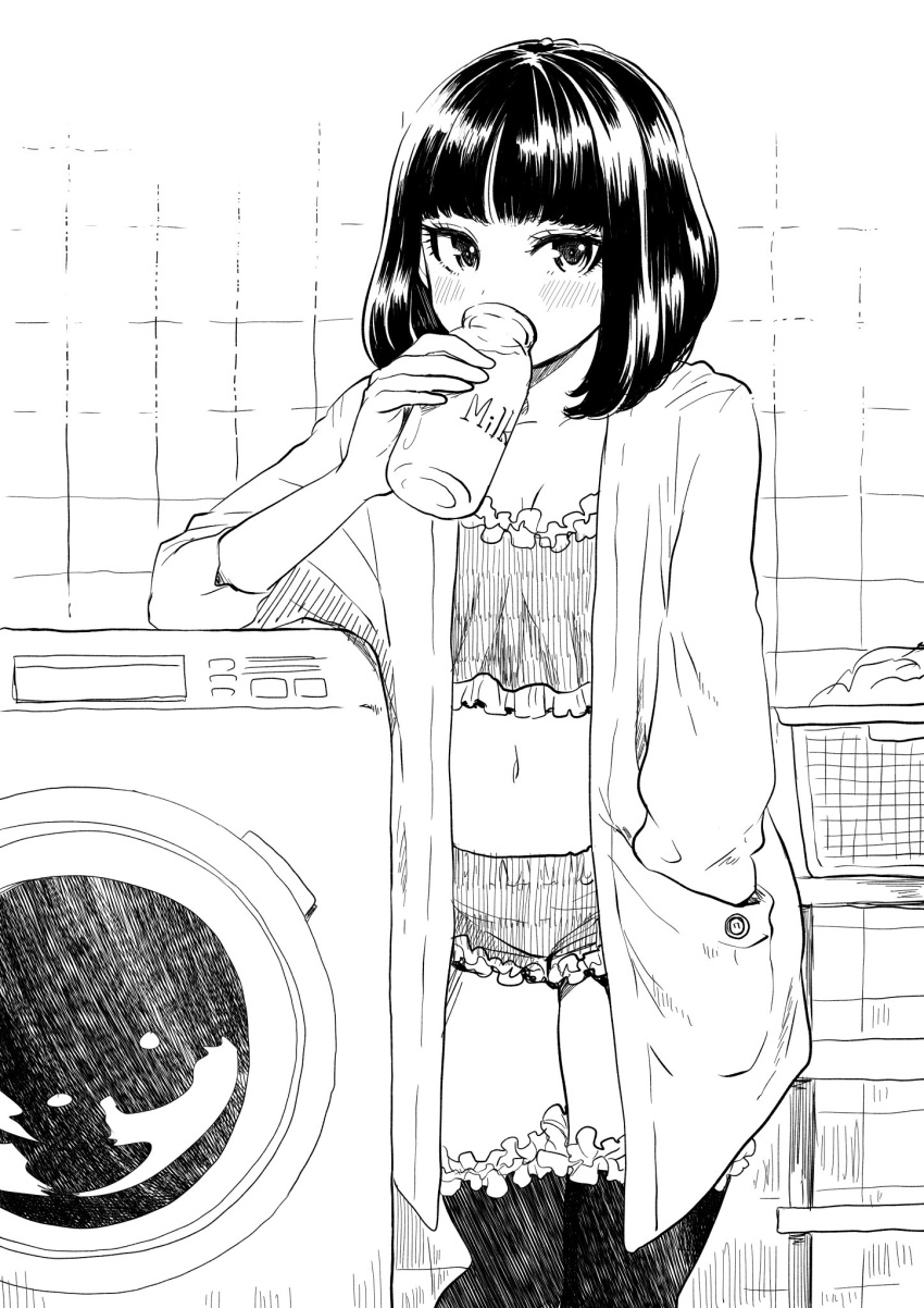 1girl bangs black_hair black_legwear blunt_bangs blush bottle breasts cleavage collarbone commentary_request cowboy_shot drinking eyelashes frilled_legwear frilled_shirt frilled_shorts frills hand_in_pocket highres hood hood_down hooded_jacket hoodie indoors jacket laundry_basket legs_together looking_at_viewer midriff milk milk_bottle monochrome navel nikaidou_kou open_clothes open_hoodie original shirt short_hair short_shorts shorts small_breasts solo standing thigh-highs washing_machine