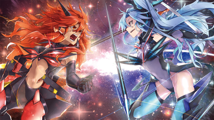 2girls alternate_eye_color amou_kanade asymmetrical_hair blue_hair bodysuit dark_persona elbow_gloves frown gloves headphones ignite_module kazanari_tsubasa long_hair looking_at_another multiple_girls navel navel_cutout open_mouth orange_hair red_eyes redhead senki_zesshou_symphogear side_ponytail sleeveless smirk sword teeth thigh-highs weapon