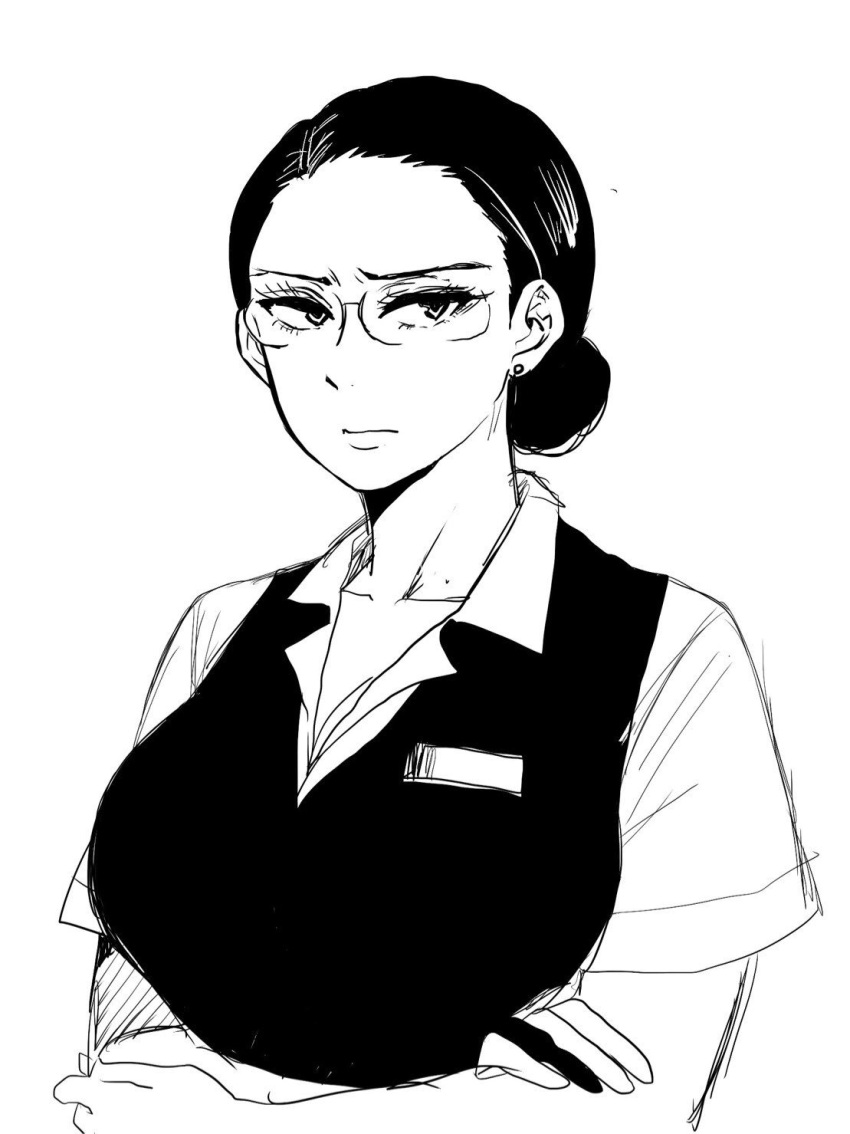 &gt;:| 1girl black_hair breasts collarbone crossed_arms ear_piercing frown glasses greyscale highres large_breasts looking_at_viewer monochrome name_tag nikaidou_kou original piercing simple_background sketch solo tied_hair upper_body white_background