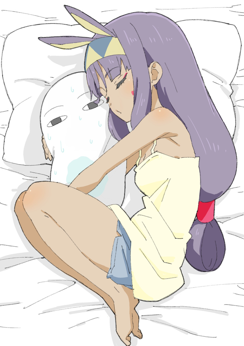 1girl absurdres animal_ears bangs barefoot blunt_bangs closed_eyes dark_skin donguri_suzume facial_mark fate/grand_order fate_(series) from_side hairband highres lying medjed nitocris_(fate/grand_order) on_side pillow purple_hair rabbit_ears sleeping sweat