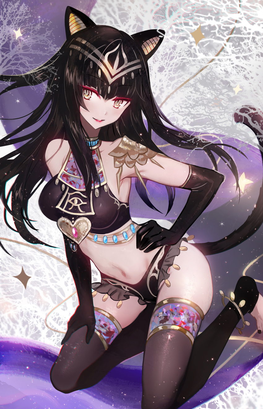 1girl animal_ears anklet bangs black_hair black_nails breasts cat_ears cat_tail commentary_request crop_top egyptian egyptian_clothes elbow_gloves eye_of_horus eyeshadow feet gloves hand_on_hip hand_on_own_thigh heart highres jewelry long_hair makeup medium_breasts midriff moemoe3345 nail_polish navel original sleeveless sleeveless_turtleneck smile solo tail thigh-highs toeless_legwear toenail_polish turtleneck yellow_eyes