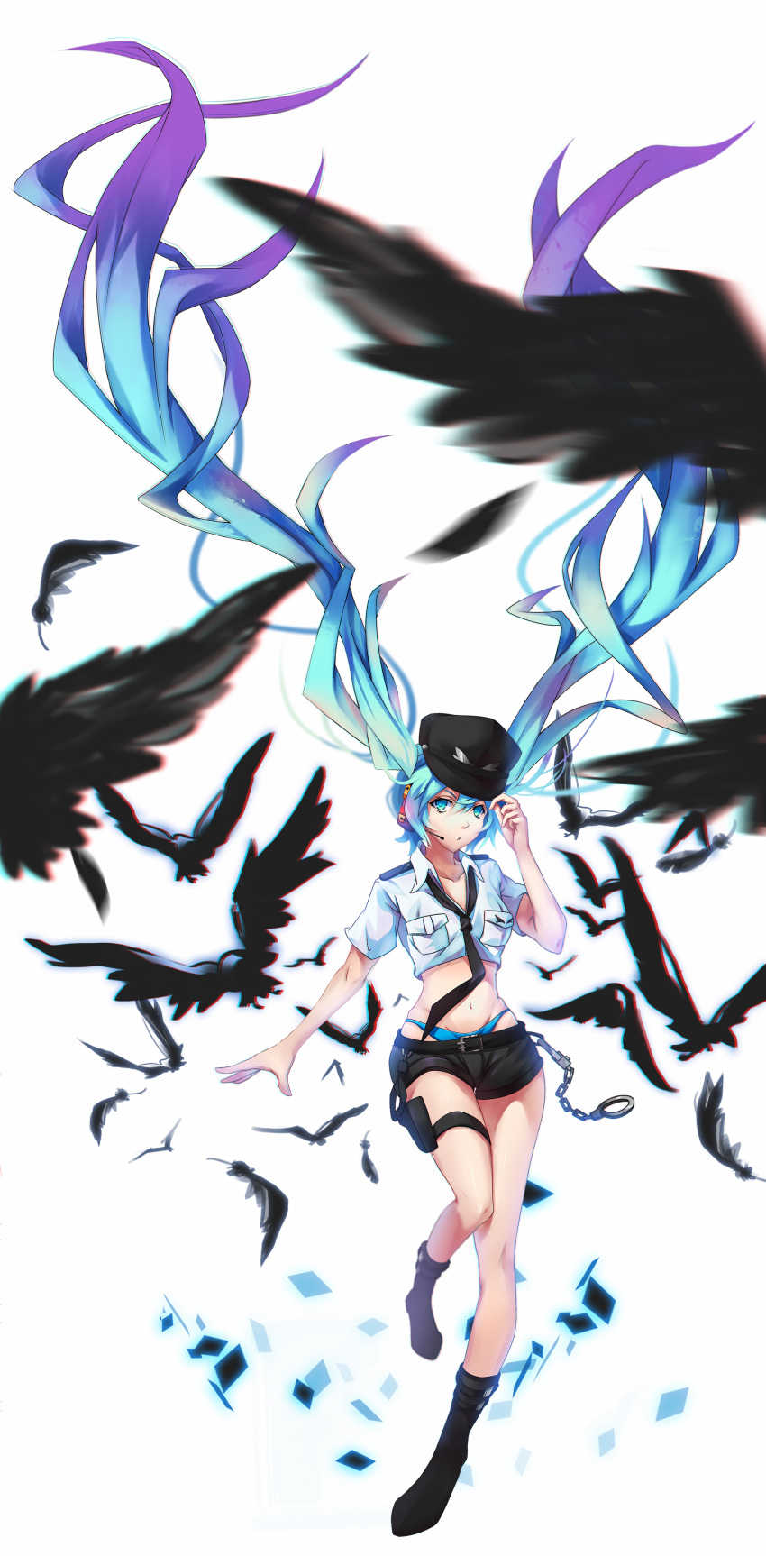 1girl absurdly_long_hair absurdres black_boots black_feathers black_hat black_necktie black_shorts blue_eyes blue_hair blue_pants boots collarbone crop_top floating_hair full_body hair_between_eyes hat hatsune_miku highres holster litsvn long_hair looking_at_viewer loose_necktie microphone midriff navel necktie one_leg_raised pants parted_lips shirt short_shorts short_sleeves shorts simple_background solo stomach thigh_holster twintails very_long_hair vocaloid white_background white_shirt