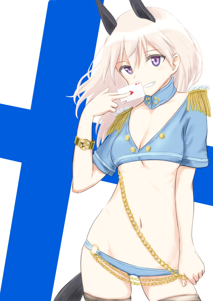 1girl 501st_joint_fighter_wing_(emblem) absurdres ace_of_diamonds animal_ears ass_visible_through_thighs bracelet breasts card chains cleavage eila_ilmatar_juutilainen finland fox_ears fox_tail gold_chain highres jewelry lowlegist short_shorts shorts silver_hair smile solo strike_witches tail violet_eyes world_witches_series