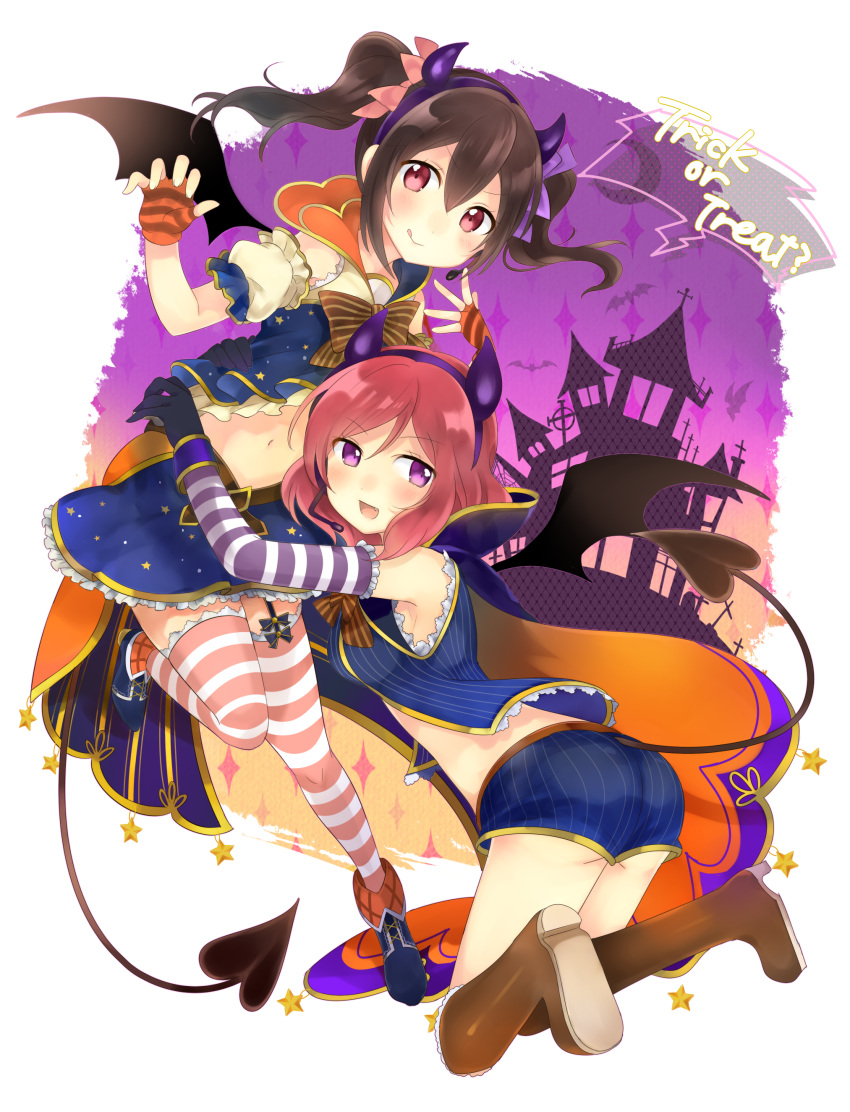 2girls :d ;q absurdres ass black_hair black_wings blue_shorts blue_skirt boots brown_boots crop_top demon_tail eyebrows_visible_through_hair fake_horns fangs floating_hair garter_straps gloves hairband halloween halloween_costume high_heel_boots high_heels highres kakizato knee_boots long_hair looking_at_viewer love_live! love_live!_school_idol_project midriff miniskirt multiple_girls navel nishikino_maki one_eye_closed one_leg_raised open_mouth orange_gloves purple_hairband red_eyes redhead short_shorts shorts simple_background single_wing skirt sleeveless smile stomach striped striped_gloves striped_legwear tail thigh-highs tongue tongue_out trick_or_treat twintails vertical-striped_shorts vertical_stripes violet_eyes white_background wings yazawa_nico