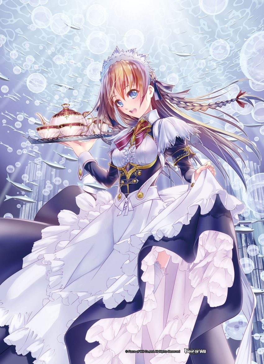 1girl apron blonde_hair blue_eyes blush bow braid bubble copyright_name cup fish force_of_will highres maid maid_apron maid_headdress official_art open_mouth solo teacup teapot teeth thigh-highs underwater