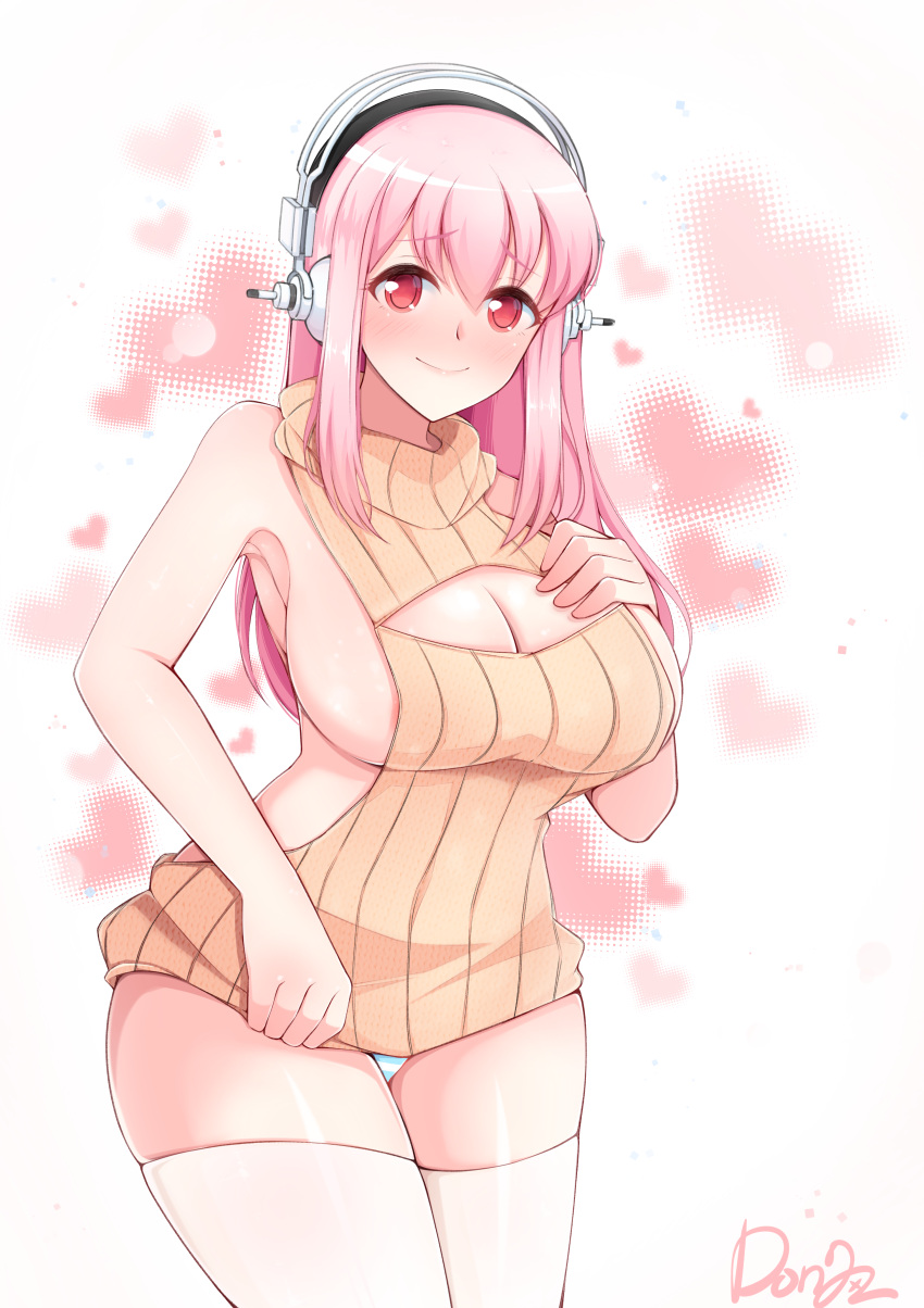 1girl absurdres aran_sweater backless_outfit bare_back blush breasts cleavage cleavage_cutout dress halterneck headphones highres large_breasts long_hair looking_at_viewer meme_attire nitroplus open-back_dress open-chest_sweater pink_eyes pink_hair ribbed_sweater sideboob smile solo super_sonico sweater sweater_dress thigh-highs tras030303 turtleneck turtleneck_sweater virgin_killer_sweater