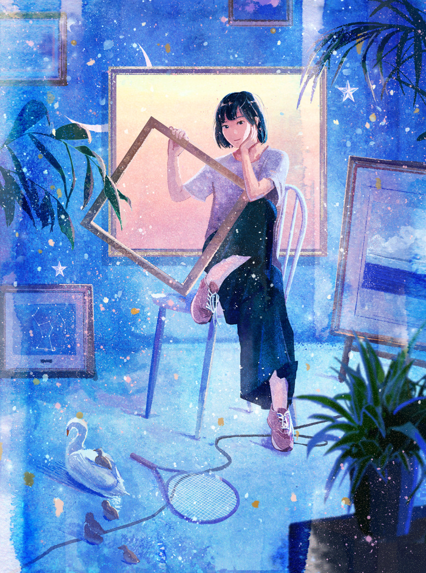 1girl arm_support bird black_eyes black_hair blue chair commentary constellation highres indoors light_particles light_smile looking_at_viewer nakamura_yukihiro original painting_(object) picture_frame plant potted_plant racket shoes short_hair sitting sneakers solo star surreal swan tennis_racket