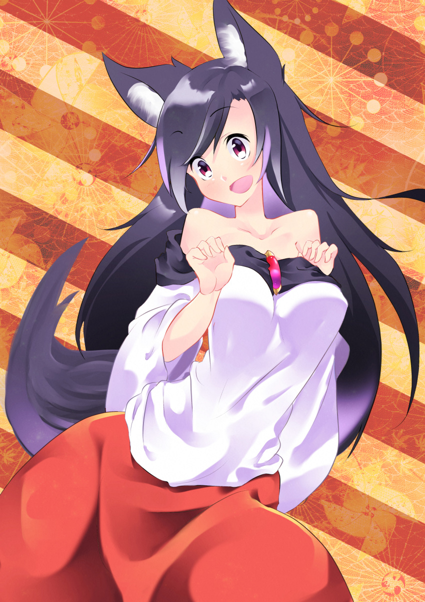 1girl absurdres animal_ears aranagi_(arng_4401) breasts brooch brown_hair collarbone dress highres imaizumi_kagerou jewelry large_breasts long_hair long_sleeves looking_at_viewer off-shoulder_shirt off_shoulder open_mouth red_eyes shirt solo tail touhou wide_sleeves wolf_ears wolf_tail