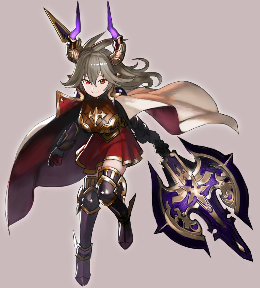 1girl armor boobplate breasts cape commentary fingerless_gloves gloves granblue_fantasy grey_background grey_hair highres holding holding_weapon horns huge_weapon jumping large_breasts looking_at_viewer medium_hair metal_boots poleaxe red_cape red_eyes red_skirt sarasa_(granblue_fantasy) simple_background skirt smile solo wasabi60 weapon white_cape
